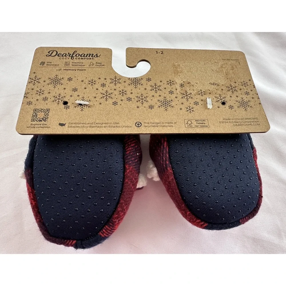 Brand New  Dearfoams Baby Infant BEAR MEMORY FOAM PLAID SLIPPERS Size‎ 1/2